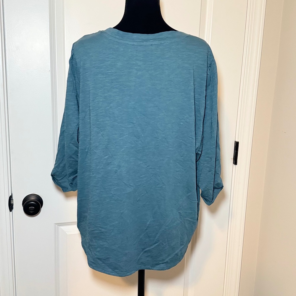 Democracy Womens 1X Teal Blue Embroidered Mesh Overlay 3/4 Sleeve Top Boho - Picture 3 of 8